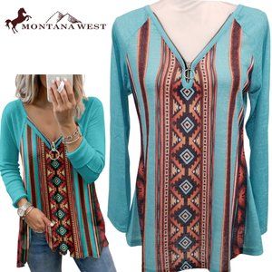 Montana West Aztec Southwest Print 1/2 Zip Slub Knit Long Sleeve Top S-XXL NWT